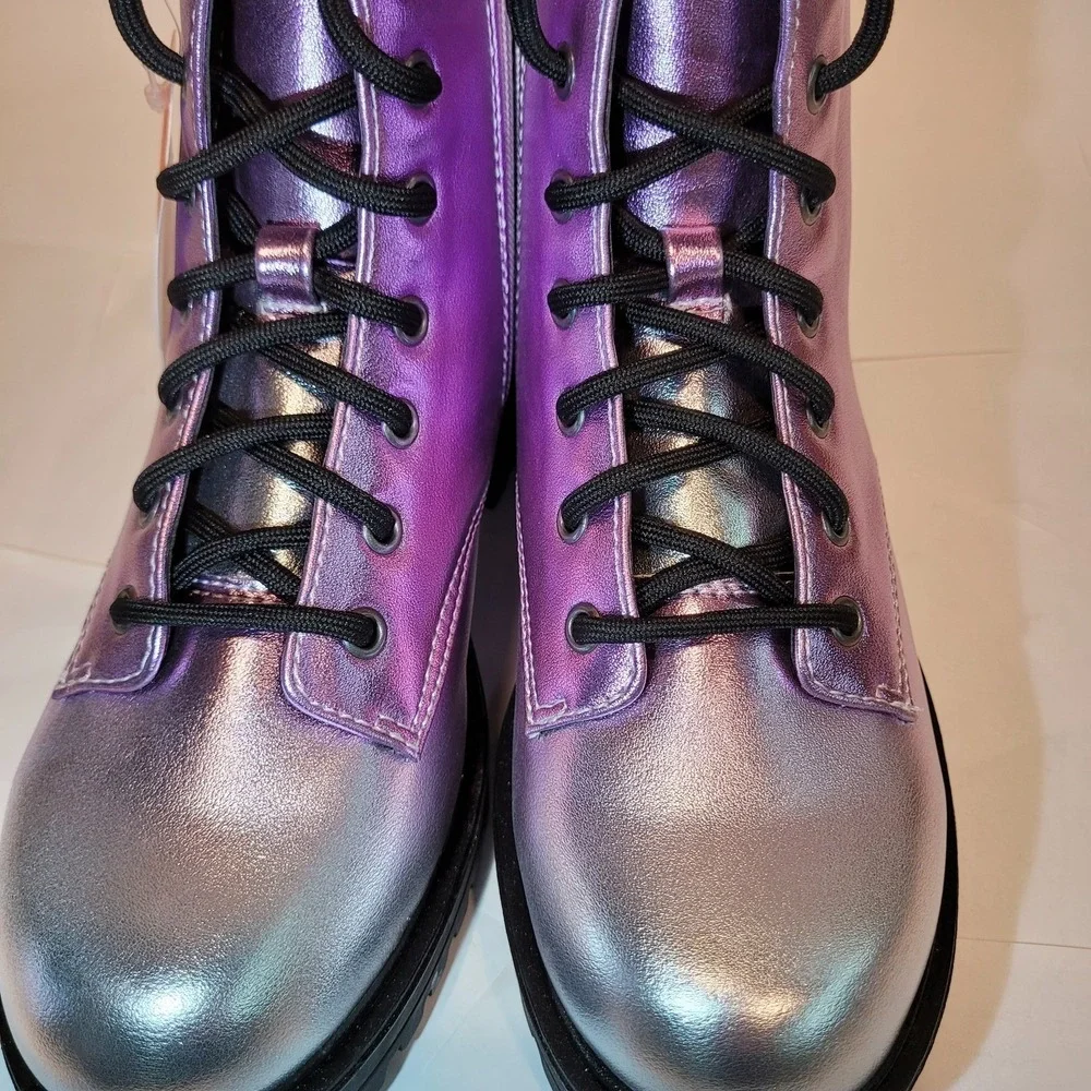 Wonder Nation Girls' Metallic Ombre Combat Boots Lace-Up‎ Purple Silver Size 4